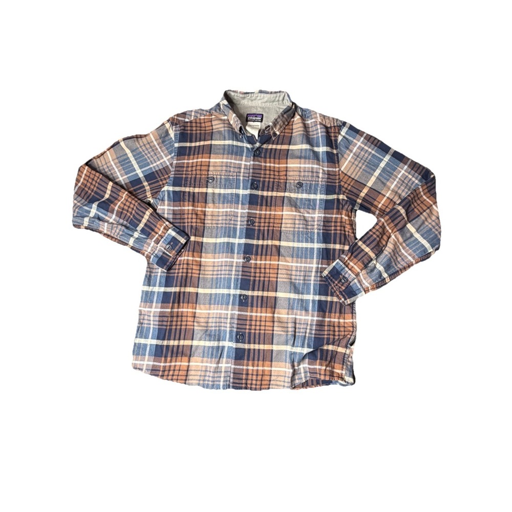Patagonia organic cotton blue and orange Plaid flannel shirt size‎ Medium